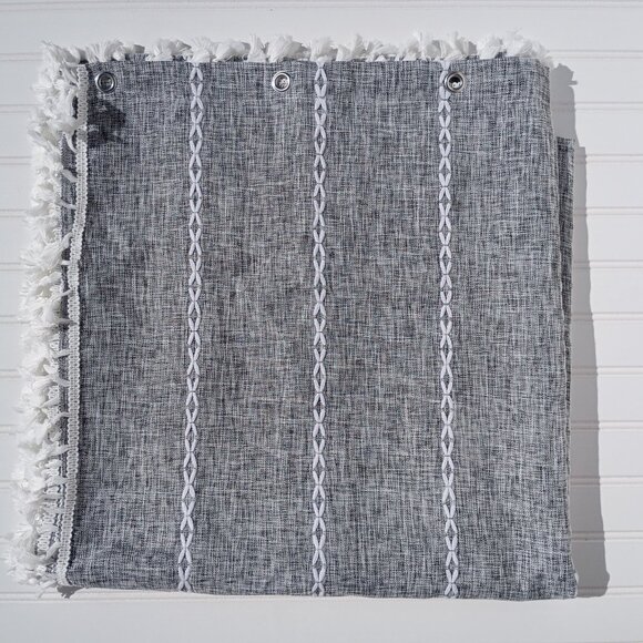 Dark Gray Linen Boho Shower Curtain with White Tassels Embroidered 72.5 x 73 NEW - Picture 8 of 15
